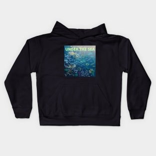 under the sea,blue sea,sea creatures,Turtle, puffer fish, starfish, shrimp, shark, tropical fish, sea horse, seaweed, sardines, squid, crabs, clams Kids Hoodie